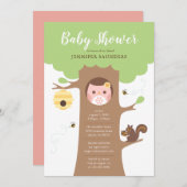ピンクベビーフクロウinツリーシャワー招待状 招待状 (正面/裏面)