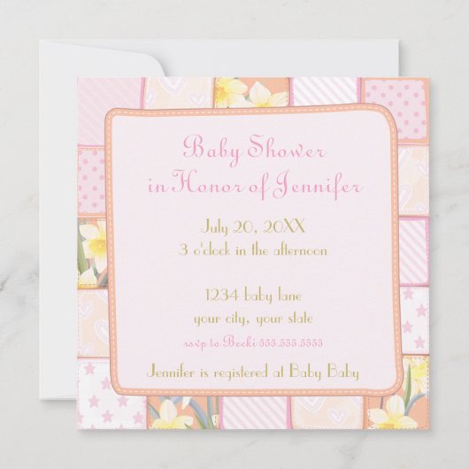 ピンクベビーブーティーパッチワーク赤ちゃんガールシャワー 招待状 (裏面)