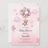 ピンクベビーベアーバルーンガールベビーシャワー招待状 招待状 (正面)