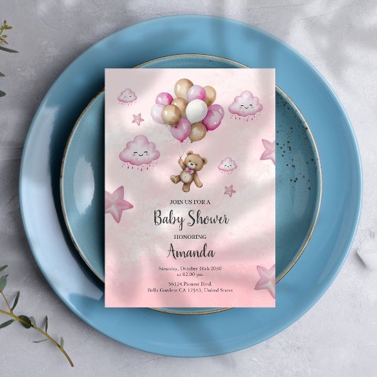 ピンクベビーベアーバルーンガールベビーシャワー招待状 招待状