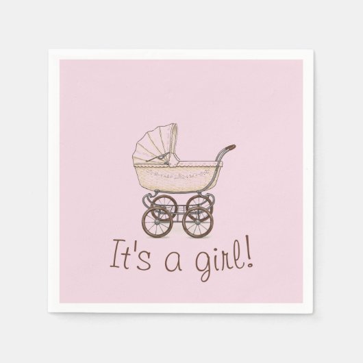 ピンクベビーベビーカーおむつ女の子の赤ちゃんシャワー スタンダードカクテルナプキン (正面)