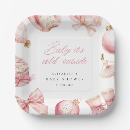 ピンクベビーベビーシャワー外は寒い ペーパープレート (正面)
