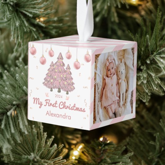ピンクベビーマイ初めてのクリスマスパーソナライズされた写真 キューブオーナメント (ツリー)