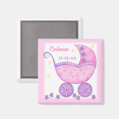 ピンクベビー乳母車キャリッジ名誕生日カスタム付 マグネット (正面/裏面)