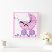 ピンクベビー乳母車運搬 スクエア壁時計 (ホーム)