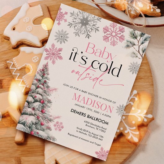ピンクベビー外は寒いベビーシャワー招待状 招待状