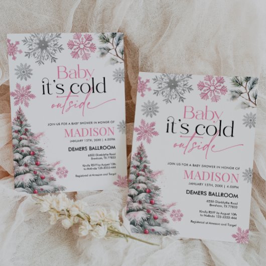 ピンクベビー外は寒いベビーシャワー招待状 招待状