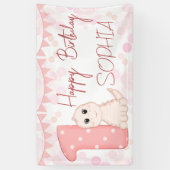 ピンクベビー恐竜1歳の誕生日パーティー パーソナライズされた 横断幕 (縦)