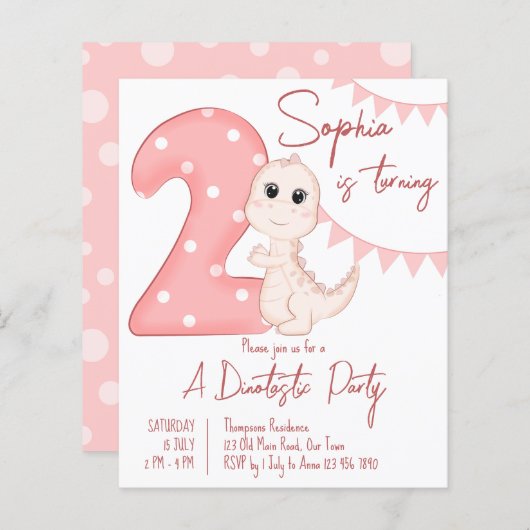 ピンクベビー恐竜2ndバースデーバジェット招待状 (正面/裏面)