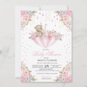 ピンクベビー散水傘テディベア赤ちゃんシャワー 招待状 (正面)