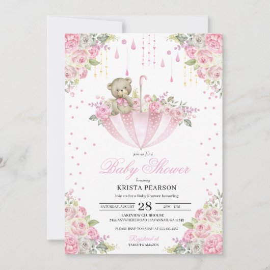 ピンクベビー散水傘テディベア赤ちゃんシャワー 招待状 (正面)
