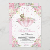 ピンクベビー散水傘テディベア赤ちゃんシャワー 招待状 (正面/裏面)