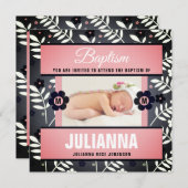ピンクベビー洗礼招待状レトロフローラベビー写真 招待状 (正面/裏面)