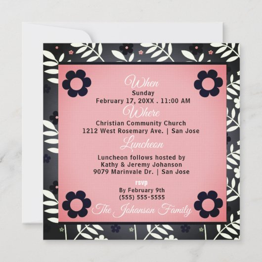 ピンクベビー洗礼招待状レトロフローラベビー写真 招待状 (裏面)