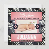 ピンクベビー洗礼招待状レトロフローラベビー写真 招待状 (正面)