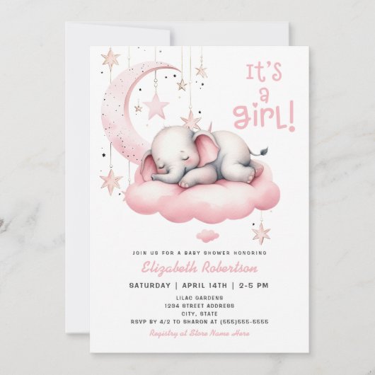 ピンクベビー象ムーンスターズ女の子ベビーシャワー 招待状 (正面)