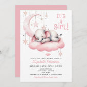 ピンクベビー象ムーンスターズ女の子ベビーシャワー 招待状 (正面/裏面)