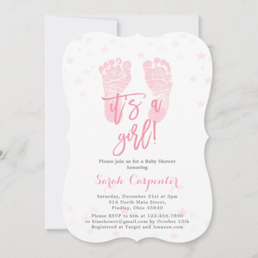 ピンクベビー足は女の子のベビーシャワー 招待状 (正面)