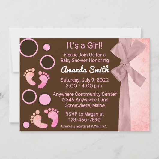 ピンクベビー足ガールベビーシャワー招待状 招待状 (正面)