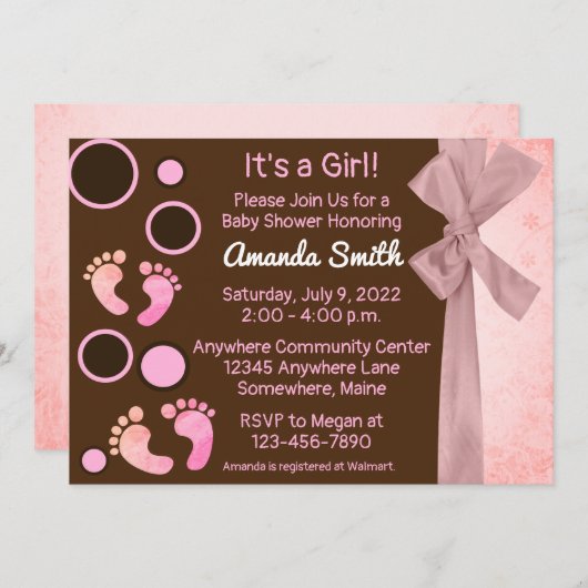 ピンクベビー足ガールベビーシャワー招待状 招待状 (正面/裏面)