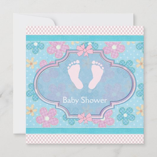 ピンクベビー足ベビーガールシャワー 招待状 (正面)