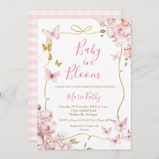 ピンクベビー開花フローラ招待状 招待状 (正面/裏面)