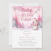 ピンクベビー雪の外が寒い女の子ベビーシャワー 招待状 (正面)