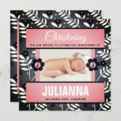 ピンクベビー《キリスト教》洗礼式や命名式レトロフローラベビー写真 招待状 (正面/裏面)