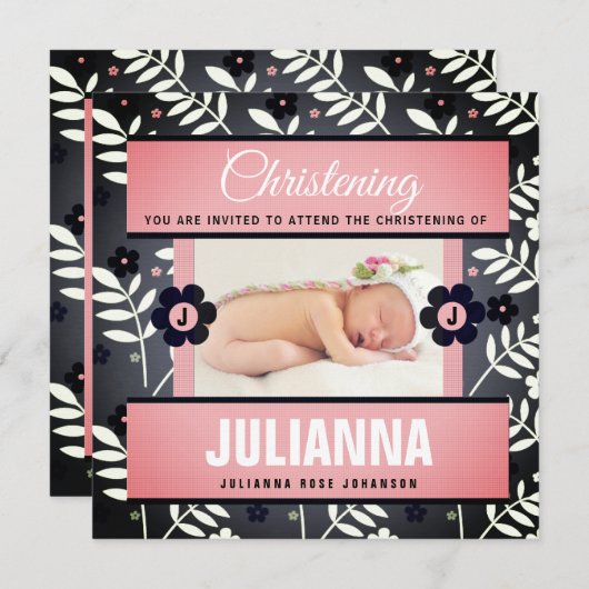 ピンクベビー《キリスト教》洗礼式や命名式レトロフローラベビー写真 招待状 (正面/裏面)