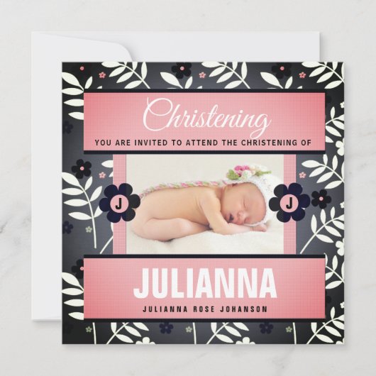ピンクベビー《キリスト教》洗礼式や命名式レトロフローラベビー写真 招待状 (正面)