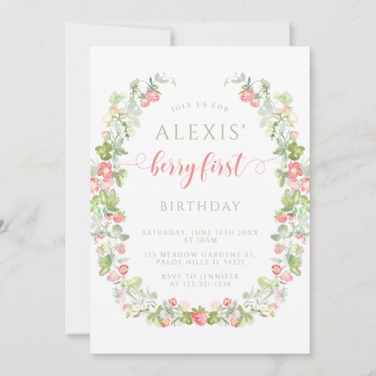 ピンクベリーの最初のイチゴの誕生日の招待状 招待状 (正面)