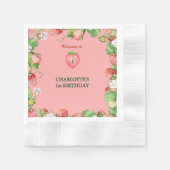 ピンクベリーの甘い女の子の最初の誕生日へようこそ 縁ありカクテルナプキン (正面)