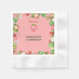 ピンクベリーの甘い女の子の最初の誕生日へようこそ 縁ありカクテルナプキン