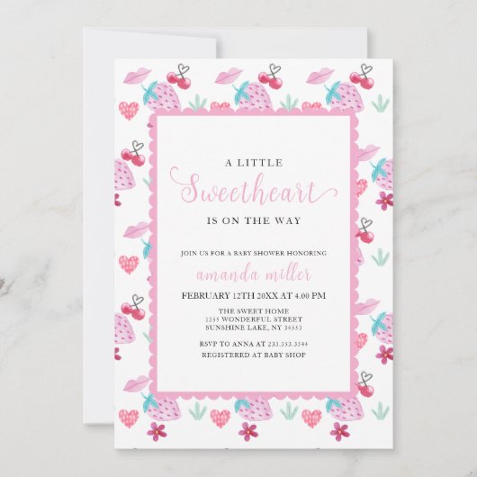 ピンクベリースイートスイートスイートスイートハートバレンタインベビーシャワー 招待状 (正面)