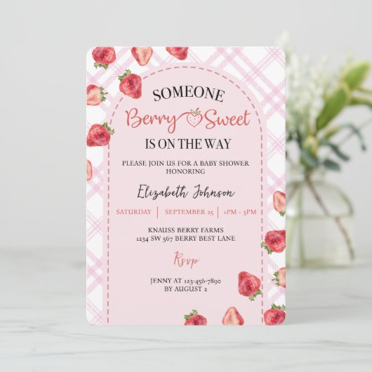 ピンクベリースイートベビーシャワーストロベリー 招待状 (スタンド正面)