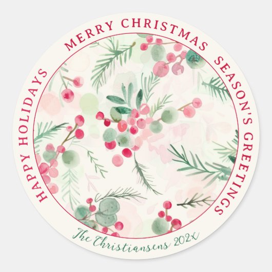 ピンクベリービンテージクリスマスホリデー ラウンドシール (正面)