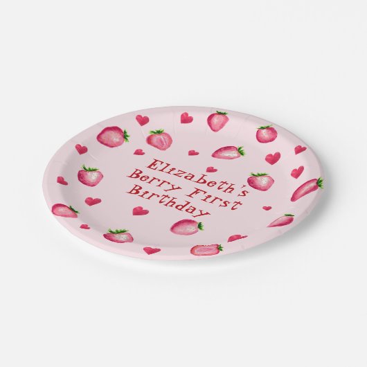 ピンクベリーファースト誕生日イチゴパーティーハート ペーパープレート (アングル)