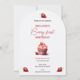 ピンクベリーファースト誕生日ウォーターカラーカップケーキ 招待状