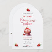 ピンクベリーファースト誕生日ウォーターカラーカップケーキ 招待状 (正面/裏面)