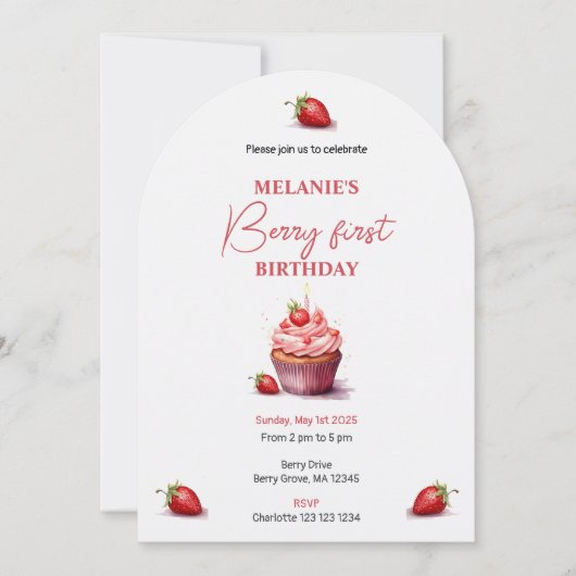 ピンクベリーファースト誕生日ウォーターカラーカップケーキ 招待状 (正面)