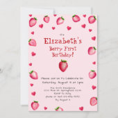 ピンクベリーファースト誕生日ストロベリカスタムー写真 招待状 (正面)