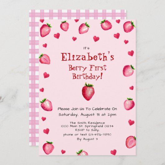 ピンクベリーファースト誕生日ストロベリーサマー 招待状 (正面/裏面)