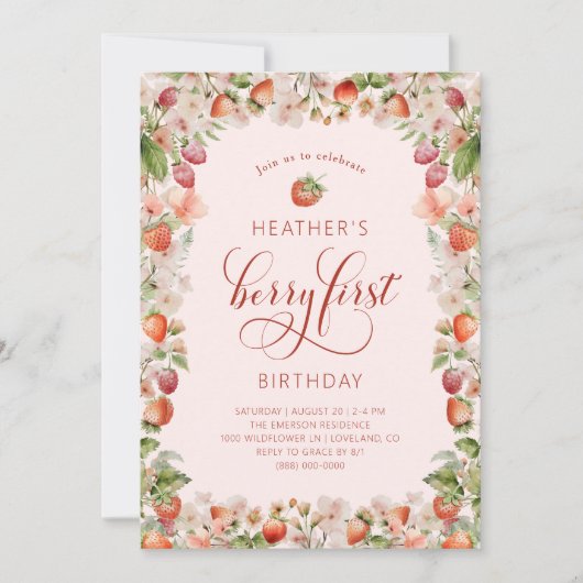 ピンクベリーファースト誕生日招待状 招待状 (正面)