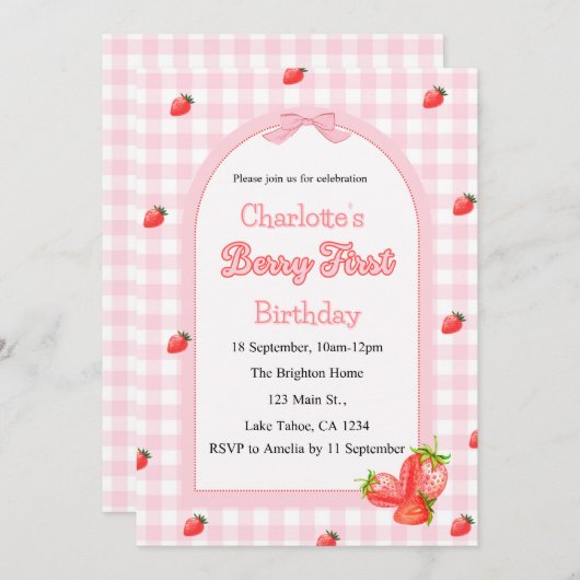 ピンクベリーファースト誕生日 招待状 (正面/裏面)