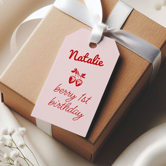ピンクベリー1st手描きイチゴ誕生日 ギフトタグ