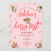 ピンクベリー ファーストストロベリー 1歳の誕生日パーティー 招待状 (正面/裏面)