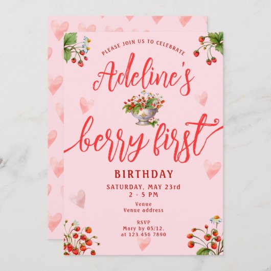 ピンクベリー ファーストストロベリー 1歳の誕生日パーティー 招待状 (正面/裏面)