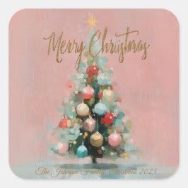 ピンクベルベットのクリスマスツリー箔押しホリデーポストカード スクエアシール