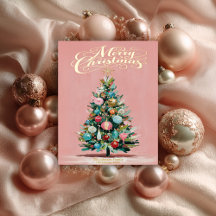 ピンクベルベットのクリスマスツリー箔押しホリデーポストカード