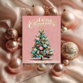 ピンクベルベットのクリスマスツリー箔押しホリデーポストカード 箔シーズンポストカード
